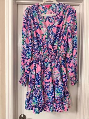 Lilly Pulitzer Pink Floral Long-Sleeve Ruffle Dress with Blue Leaf Print